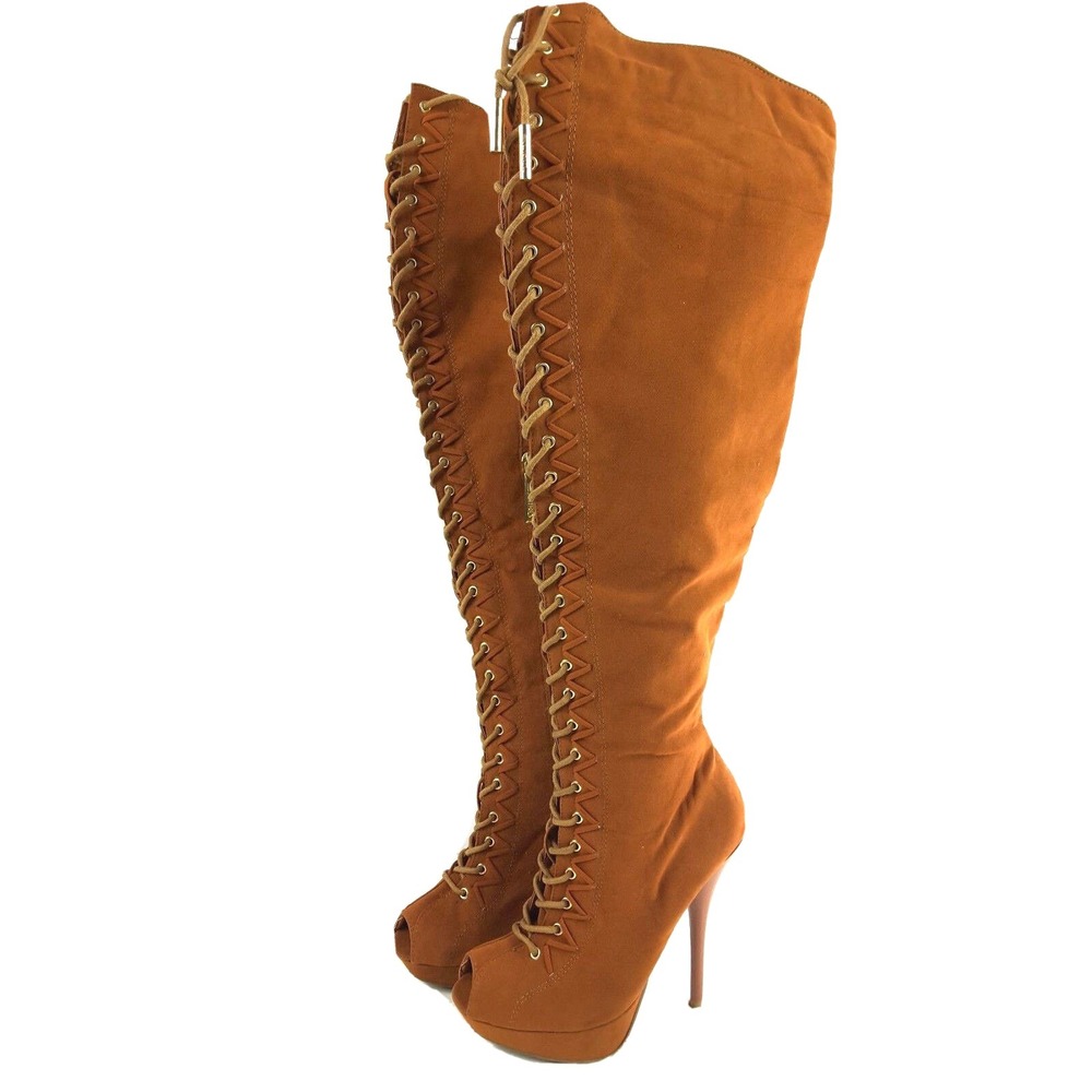 Shiekh Over The Knee Boots Women's Brown Peep Toe 5.5" High Heels Lace Up Sz‎ 7 - Picture 2 of 12